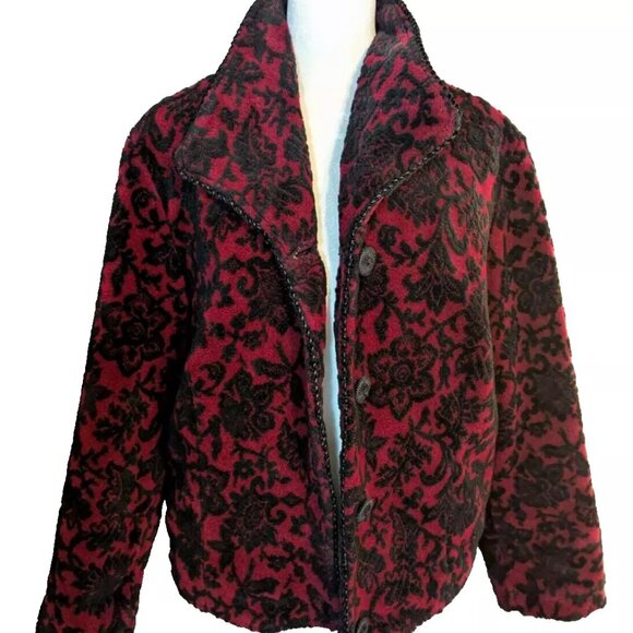 😊Tsunami Canada Black Red Bouclee Pattern Button Up Fleece Vintage Jacket Sz L - Picture 1 of 14